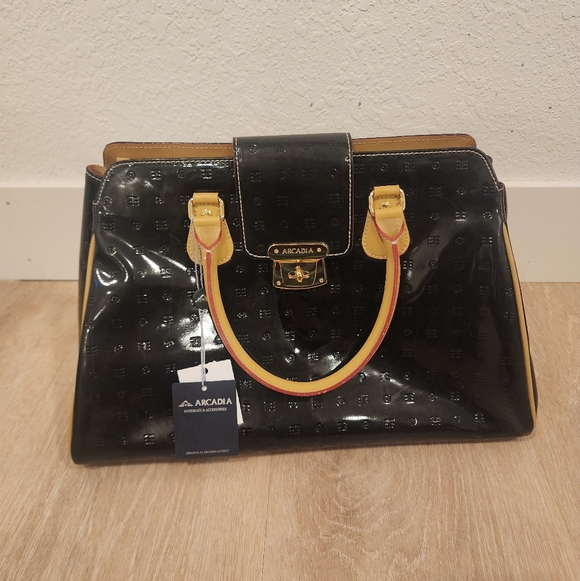 NWT Arcadia black and tan patent leather satchel bag